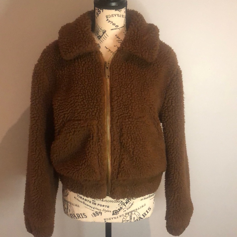 GARAGE  brown teddy bomber womens size XS teddy bear fleece lined bomber jacket